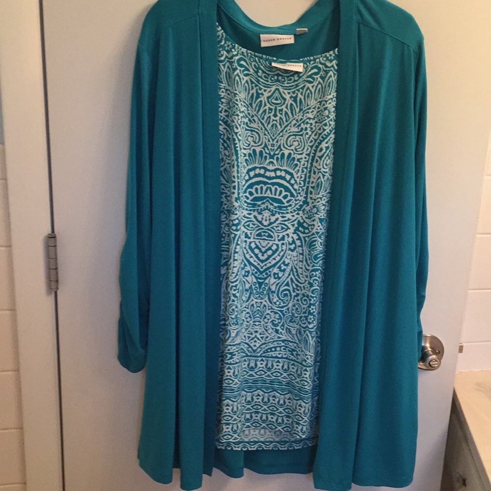 Susan Graver green liquid knit cardigan & tank
